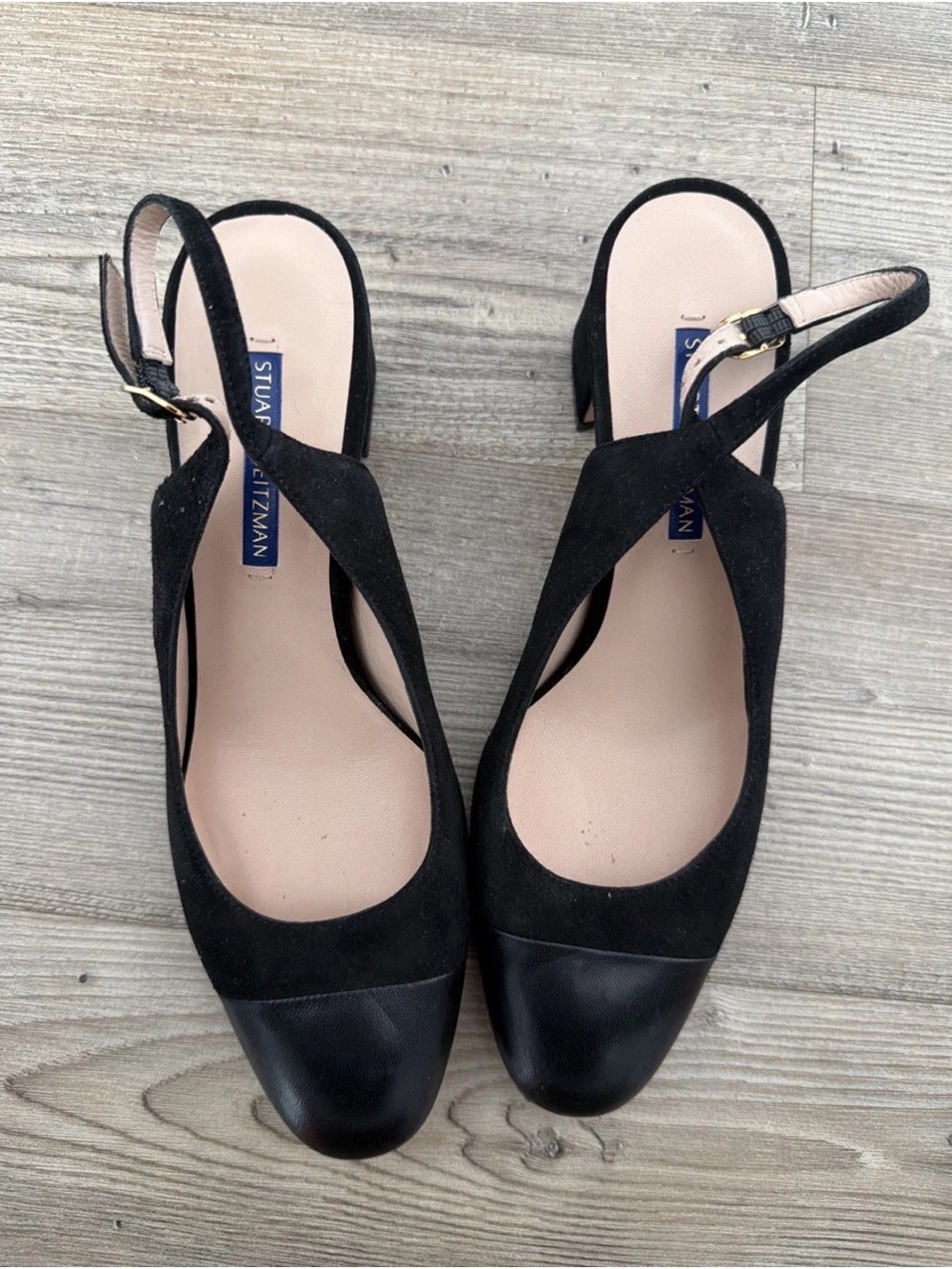 Stuart Weitzman Black Suede and Leather Cap-Toe Slingback Heels